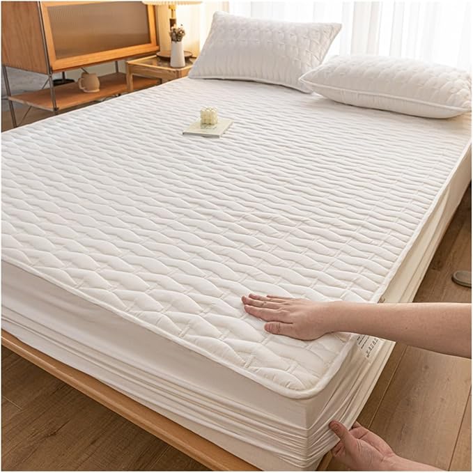 Fitted Mattress Pad Bedding Quilted Mattress Protector Breathable 10" Deep Pocket Bed Matress Cover for Small Double Queen Super King Size Bed(White,150x200cm+48x74cm x2)