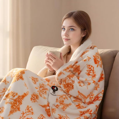 LUXIAN Electric Heated Blanket Throw Size 50"x60" - Flannel & Sherpa Fabric Dual-Sided, 9 Heat Settings & 1-3 Hours Auto Off, Machine Washable,Christmas Santa Forest, Orange and White