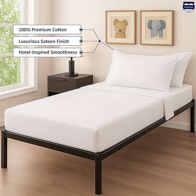 Cottingon 33"x75" Cot Sheet and Pillow Case 4 Piece Set, 100% Egyptain Cotton Soft Bedding Perfect for Rollaway, Folding, Guest Bed Frame, Fits Upto 7" Deep Mattress, White Solid
