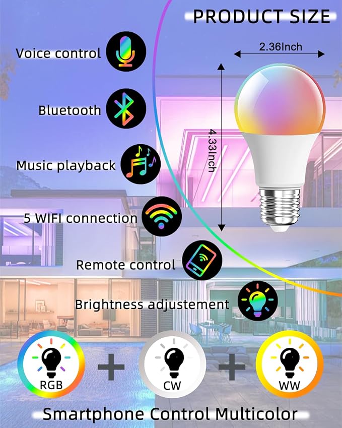 2-Pack 9W E27 Smart Light Bulb, 2.4G WiFi Bluetooth 800LM RGBWW Color Changing LED Bulb, 16M Colors Music Sync Voice Control Works with Alexa Google Home for Bedroom Christmas Parties Decor