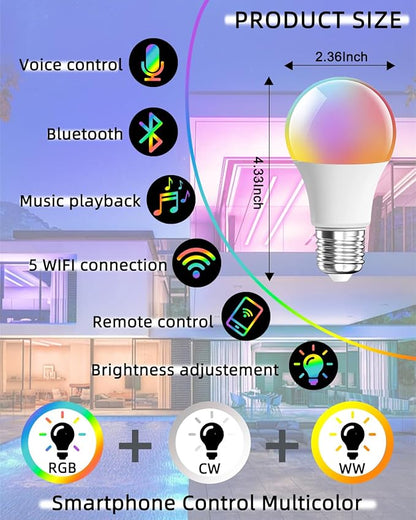 2-Pack 9W E27 Smart Light Bulb, 2.4G WiFi Bluetooth 800LM RGBWW Color Changing LED Bulb, 16M Colors Music Sync Voice Control Works with Alexa Google Home for Bedroom Christmas Parties Decor