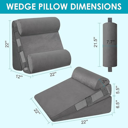 4Pcs Wedge Pillow Set for After Surgery,Acid Reflux Relief, Adjustable Bed Wedge Pillows for Sleeping,Anti Snore, Memory Foam Triangle Pillow for Back&Neck&Shoulder Pain Relief, Plush Grey