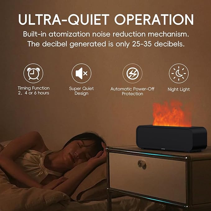Essential Oil Diffuser, Flame Fire Oil Diffuser, 250ml Cool Mist Aromatherapy Humidifier, Scent Aroma Diffuser with 7 Colors Light, Remote Control, Timer & Auto-Off for Home Room (White)
