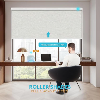 Motorized Blinds with Remote, Smart Blind Roller Shades Compatible with Alexa, Durable Rechargeable Battery Solar Power 100% Blackout Customized Size (Luxury-Silver)