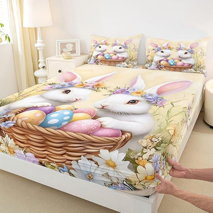 Happy Easter Fitted Sheet Twin Size Cute Rabbits Eggs Floral Bedding Set for Kids Bedroom Flower Rustic Animal Bed Sheet Set 2pcs Yellow Colorful Deep Pocket Mattress Cover,No Top Flat