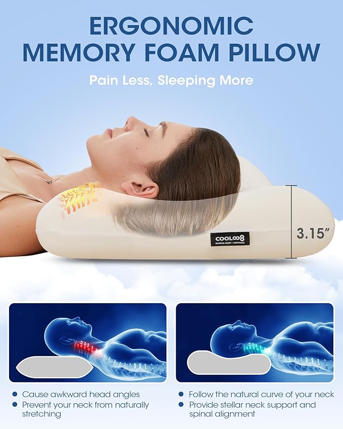 Ultra-Thin Memory Foam Pillows Queen Size, Contour Cooling Cervical Pillow for Neck Pain Relief, Orthopedic Ergonomic Bed Pillow for Side, Back and Stomach Sleepers, (3.1 Inch Thickness, 1 PCS)