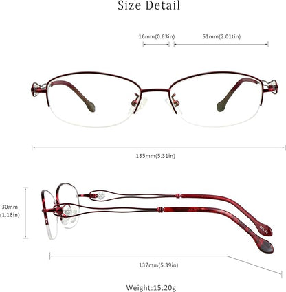 LifeArt Alloy Semi-Rimless Reading Glasses,Blue Light Blocking Glasses, Anti Eyestrain, Computer Gaming Glasses, TV Glasses for Women Men, Anti Glare (Red, +4.00 Magnification)