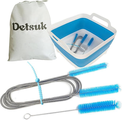 CPAP Hose Cleaning Brush Kit with Collapsible Basin – Dual-Ended 7ft Tube Brush & Small Cleaner, Anti-Slip Wash Tub with Drain Plug & Handles, Fits 15mm & 22mm Tube Cleaning