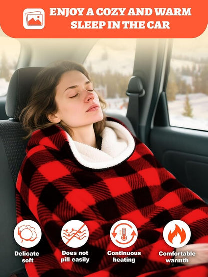 12V Car Heated Blanket 59"x39"Portable Heated Blanket for Travel with 4 Heating 4 Timing Settings Soft and Comfortable for Car SUV Camping (Black&Red)