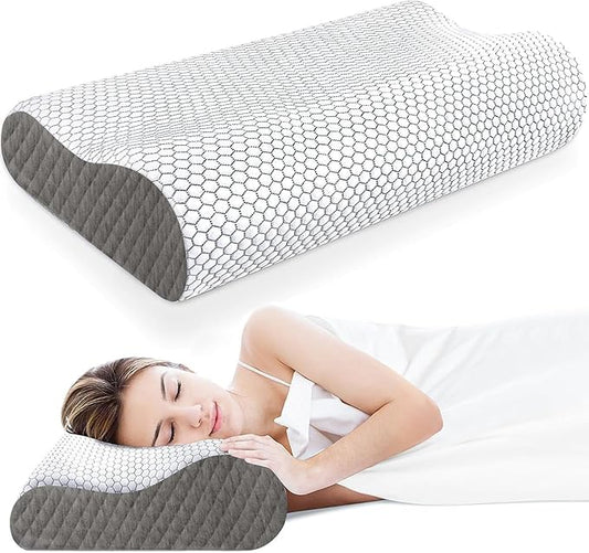 CloudBliss Memory Foam Pillow, Ergonomic Neck Contour Cervical Pillow for Back and Shoulder Pain, Orthopedic Pillow for Neck Pain Relief, for Sleeping Side, Back, Stomach Sleepers - Grey, Standard