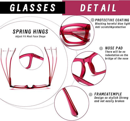 Hubeye Oprah Style Reading Glasses for Women Men Blue Light Blocking Computer Square Readers with Spring Hinge