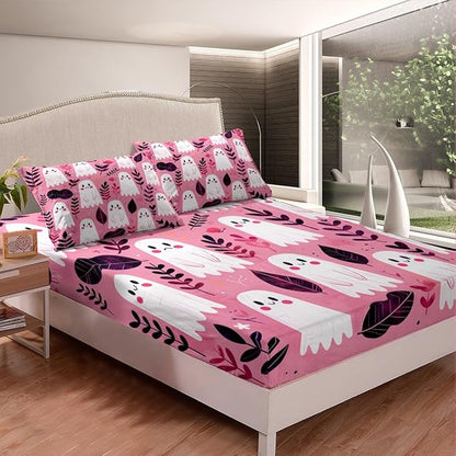 Cute Ghosts Fitted Sheet Queen Size Happy Halloween Ghost Kawaii Pink Bedding Sheet Set,Rustic Farmhouse Botanical Leaves Natural Bed Cover Ultra Soft Breathable Bedding 3 Pcs
