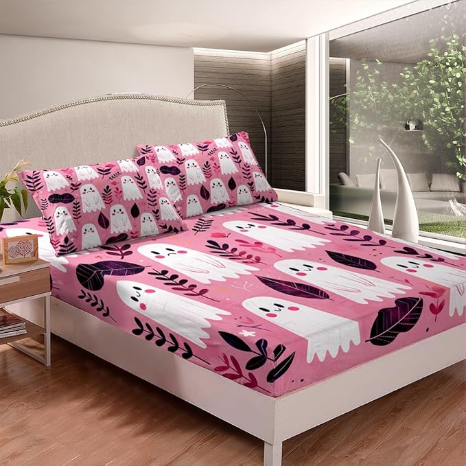 Cute Ghosts Bedding Set Twin Size Happy Halloween Ghost Kawaii Pink Bed Set for Teens Kids Sheet Rustic Farmhouse Botanical Leaves Natural Bed Cover(1 Fitted Sheet+1 Pillow Case)