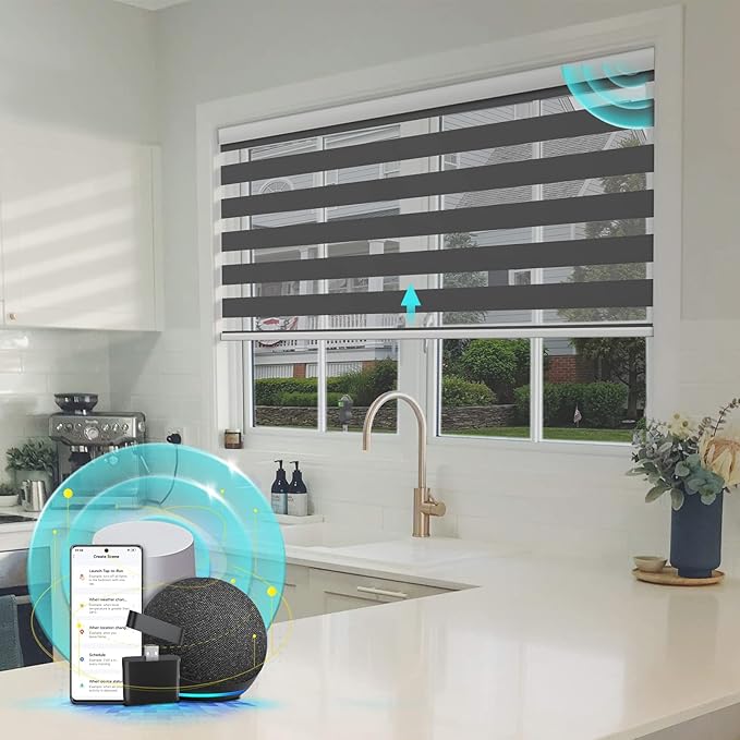 Motorized Zebra Blinds with Remote, Smart Dual Layer Automatic Shades with Privacy Light Control, Cordless Electric Blackout Blind for Indoor Windows, Grey, 28" W x 72" H