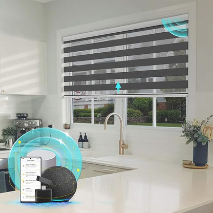Motorized Zebra Blinds with Remote, Smart Dual Layer Automatic Shades with Privacy Light Control, Cordless Electric Blackout Blind for Indoor Windows, Grey, 28" W x 72" H