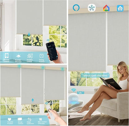 Motorized Blinds with Remote, Smart Blind Roller Shades Compatible with Alexa, Durable Rechargeable Battery Solar Power Electric Window Blinds Motorized Shades Customized Size (3-layer Beige)