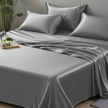 LINENWALAS Twin XL Flat Sheet Only - Rayon Derived from Bamboo Silk Bed Sheet, Premium Breathable Cooling Sheet, Soft Top Sheet (Twin XL, Light Grey)
