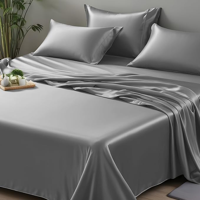 LINENWALAS California King Flat Sheet Only - Rayon Derived from Bamboo Silk Bed Sheet, Premium Cooling, Soft Top Sheet (Cal King, Light Grey)