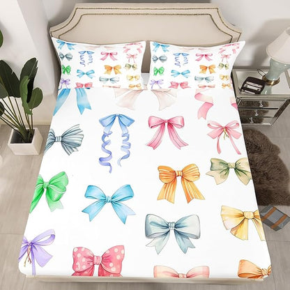 Bowknot Fitted Sheet Queen Size Colorful Bow-tie Princess Style Bedding Sheet Set,Dreamy Fairy Tale Theme Girly White Bed Cover Ultra Soft Breathable Bedding 3 Pcs