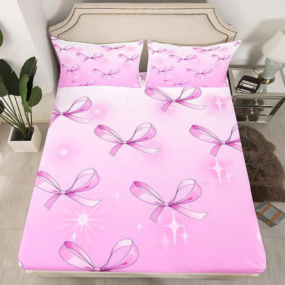 Cute Bowknots Fitted Sheet,Full Size Princess Bow-tie Kawaii Purple Starry Glitter Collections,Girlish Bow Fairy Tale Theme Bedding Deep Pocket for Children Teens Young with 2 Pillowcases