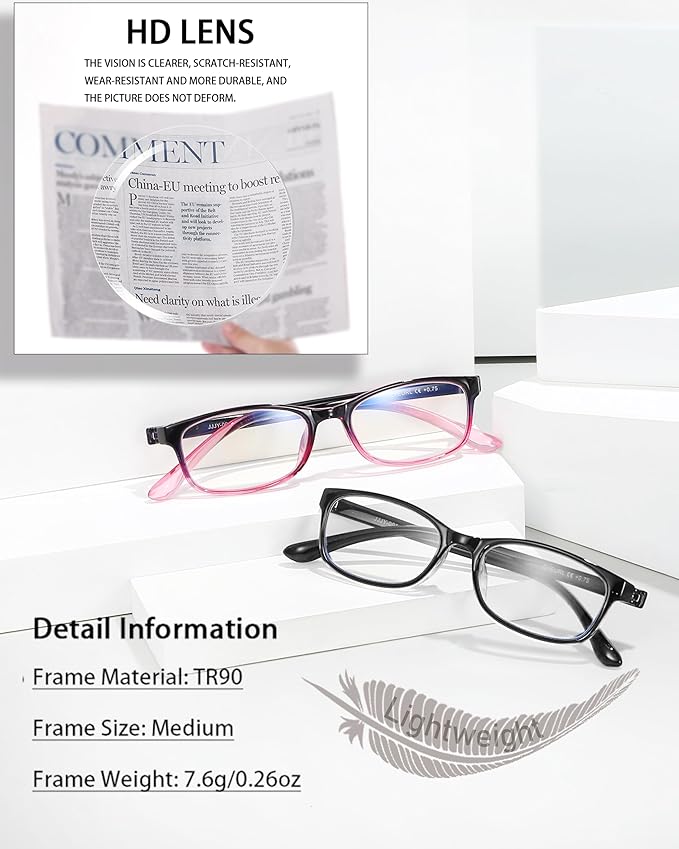 EYEURL Reading Glasses For Women - Blue Light Blocking Glasses Reduce Eyestrain - 2 Pack TR90 Frame Lightweight +0.0