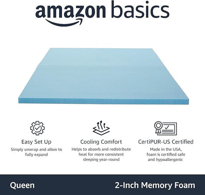 Amazon Basics Queen Cooling Gel-Infused Memory Foam Mattress Topper for Better Sleep, CertiPUR-US Certified, 2 inches, Blue