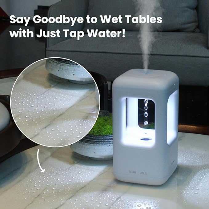 600ml Small Humidifier White - with Anti Gravity Water Flow Visual Effect, Provides Even Humidity for Indoor Plants, Bedroom & Desk, Quiet Portable Operation