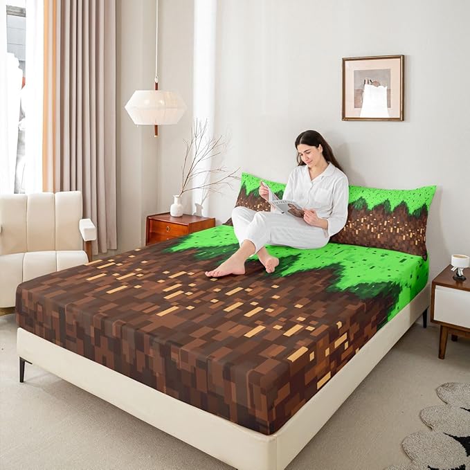 Pixelated Game Kids Full Size Fitted Sheet,Video Games Gamepad Abstract Room Decor,Gaming Geometric Square Boys Girls Bed Sheets,Green Brown Bedding Set,2 Pillowcases(No Flat)