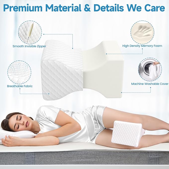 Knee Pillow for Side Sleepers, Leg Pillow for Side Sleeping, Smooth Pillow for Spine Aligning, Comfortable Memory Foam Pillow for Hip, Back, Sciatica, Knee, Joints Pain (White)