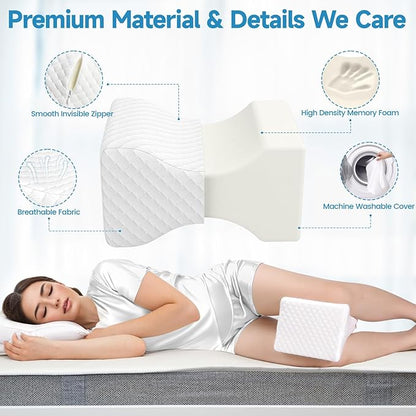 Knee Pillow for Side Sleepers, Leg Pillow for Side Sleeping, Smooth Pillow for Spine Aligning, Comfortable Memory Foam Pillow for Hip, Back, Sciatica, Knee, Joints Pain (White)