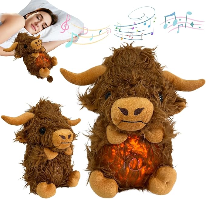 Anxiety Relief Koala Highland Cow, Breathing Teddy Anxiety Bear with Calming Music, Lights, Sleeping Otter Plush, Soothing Highland Cow for Adults & Kids, Stress Relief Stuffed Animal