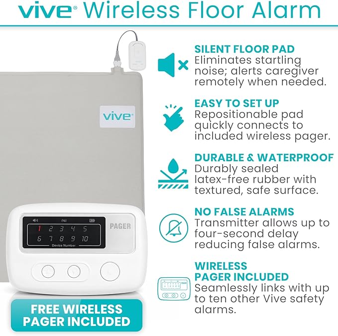 Vive Wireless Floor Alarm by Vive - Motion Sensor Kit for Elderly Dementia Patients - Weight Movement Pressure Pad Detector - Automatic Health Alert System for Mat