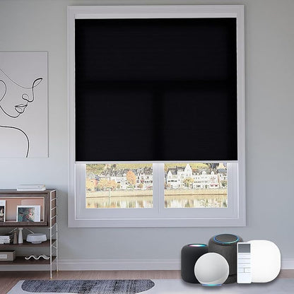 Motorized Cellular Shades with Remote, Light Filtering Smart Cellular Shades Compatible with Alexa, Honeycomb Window Blinds for Bedroom Home Office, Custom Size, Half Shading Midnight Spark