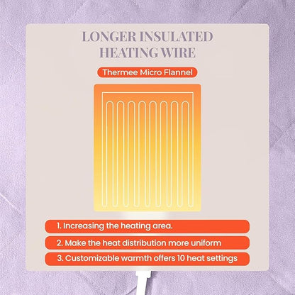 Thermee Micro Flannel Heated Blanket King Size - 10 Settings, Programmable, Rapid Heating - Lilac