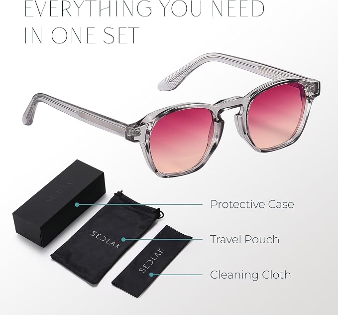 Ruby Transparent Frame Sunglasses – Blue Light Blocking & UV Protection Polarized Sunglasses for Men & Women, Anti-Glare Night Driving Shades, Includes Travel Pouch, Case, Cleaning Cloth