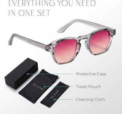 Ruby Transparent Frame Sunglasses – Blue Light Blocking & UV Protection Polarized Sunglasses for Men & Women, Anti-Glare Night Driving Shades, Includes Travel Pouch, Case, Cleaning Cloth
