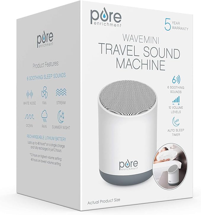 Pure Enrichment Wave Mini Travel Sound Machine - 6 Soothing Sounds Including White Noise, Seamless Loop Audio, Rechargeable Battery, 48 Hour Run Time, Optional Timer, and Storage Bag