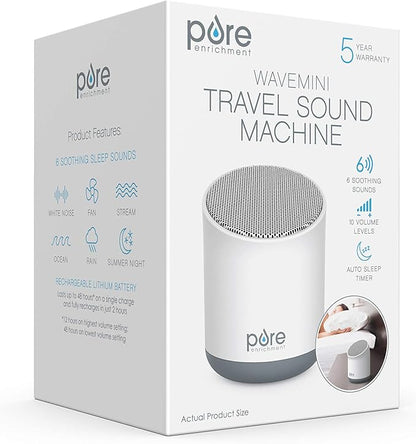 Pure Enrichment Wave Mini Travel Sound Machine - 6 Soothing Sounds Including White Noise, Seamless Loop Audio, Rechargeable Battery, 48 Hour Run Time, Optional Timer, and Storage Bag