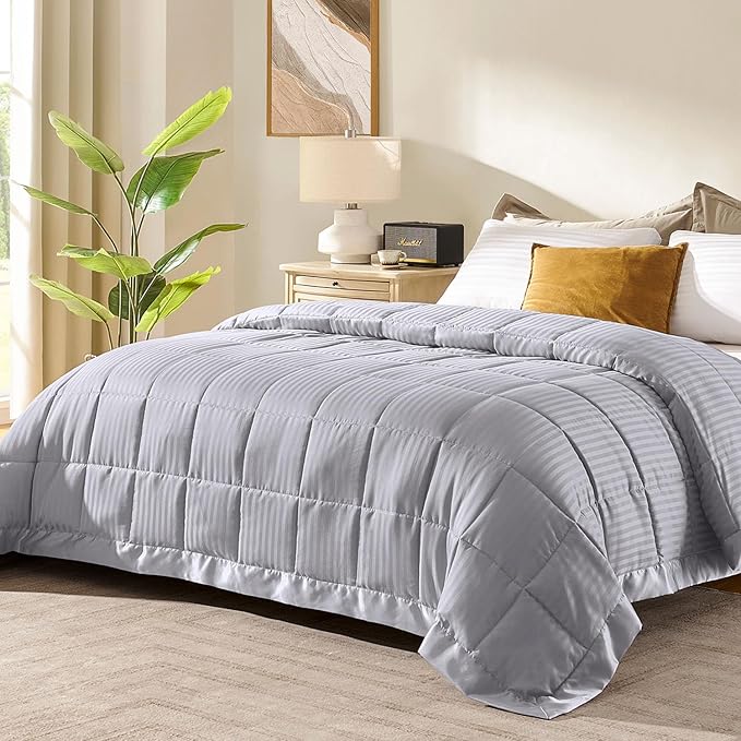 downluxe King Size Blanket with Satin Trim, Lightweight Down Alternative King Blanket for All Season, Machine Washable (Silver, 108 x 90 Inch)