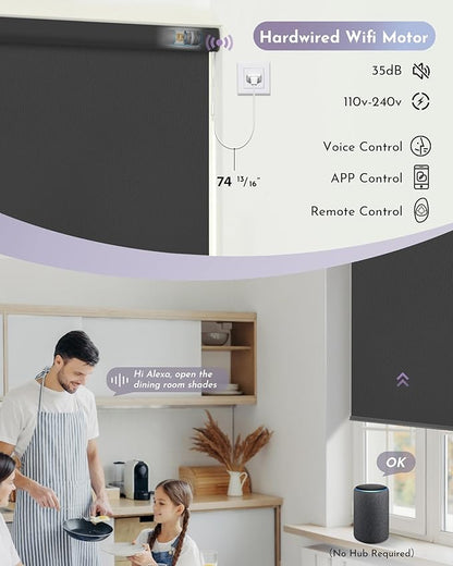 Graywind Motorized Roller Shade 100% Blackout Compatible with Alexa Google Waterproof Vinyl Fabric Remote Control Hardwired Window Shades Window Blinds, Customized Size (Dark Grey)