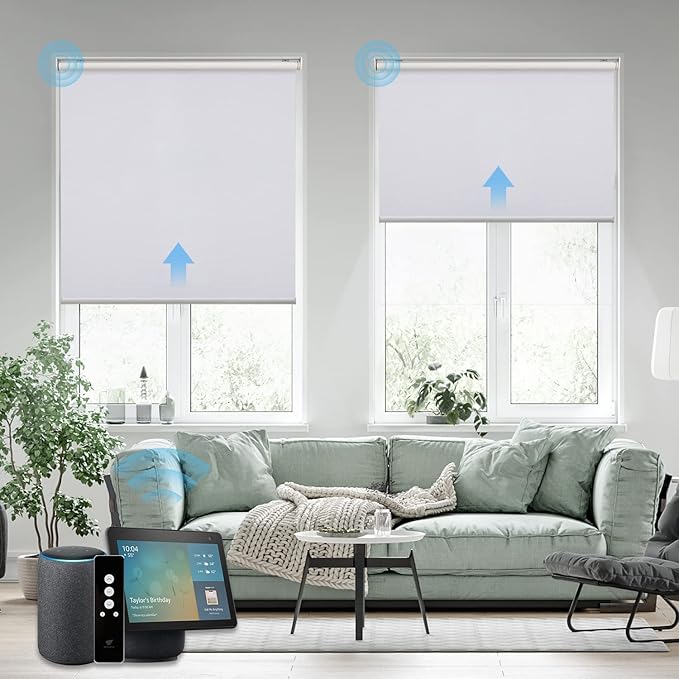 SmartWings Motorized Roller Shades, 100% Blackout Auto Smart Window Blinds with Zigbee Motor Alexa, Cordless Remote Control Rechargeable, White, W25 xH72