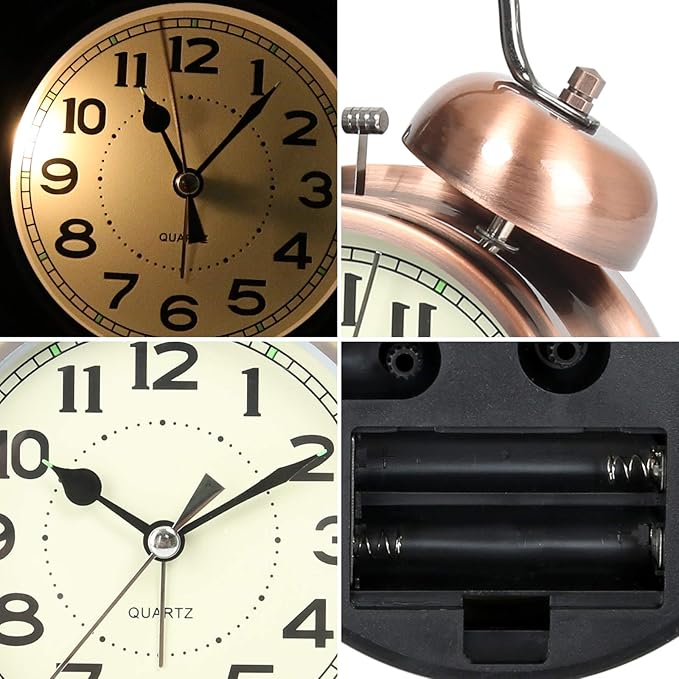 AYRELY® Super Loud Alarm Clock for Heavy Sleepers Adults,Twin Bell Retro 4 Inch Silent Non-Ticking Quartz with Backlight, Alarm Clocks for Bedrooms,Bedside,Study Room (Copper)
