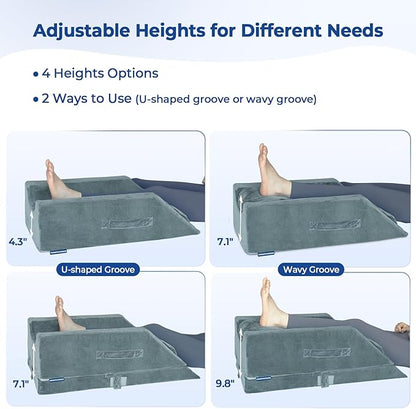 KingPavonini 4-Height Adjustable Leg Elevation Pillows for After Surgery with Ergonomic Curve, Memory Foam Wedge Pillow for Legs Swelling and Pain Relief, Knee Replacement Recovery Aids (Single Leg)