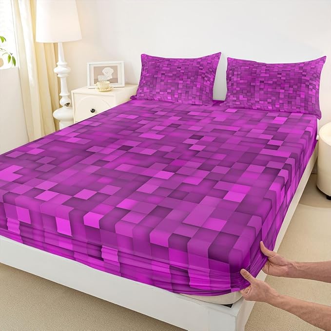 Pixelated Game Kids Full Size Fitted Sheet,Pixel Blocks Video Games Room Decor,Gamepad Geometric Patchwork Boys Girls Bed Sheets,Purple Bedding Set,2 Pillowcases(No Flat)