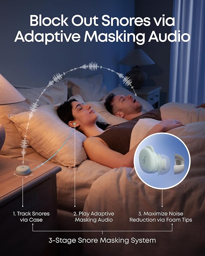 Soundcore Sleep A30 by Anker Sleep Earbuds, Smart Active Noise Cancelling Sleep Headphones, Adaptive Snore-Masking System, Ultra-Comfort for Side Sleepers, 45H Playtime
