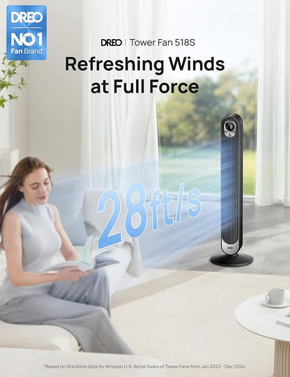 Dreo Smart Tower Fan WiFi Voice Control, Works with Alexa/Google,Floor Standing Bladeless Oscillating Fan with Remote, 6 Speeds, 4 Modes, 12H Timer, for Indoor Bedroom Home Office