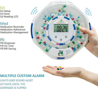 EziMedPil Automatic Pill Dispenser for Elderly & Alzheimer’s Care w/Audio & Visual Alerts, up to 6 Alarms/Day, Easy-Read LCD Display, 6 Dosage Templates, Lock Key for Vitamins, Clear Lid
