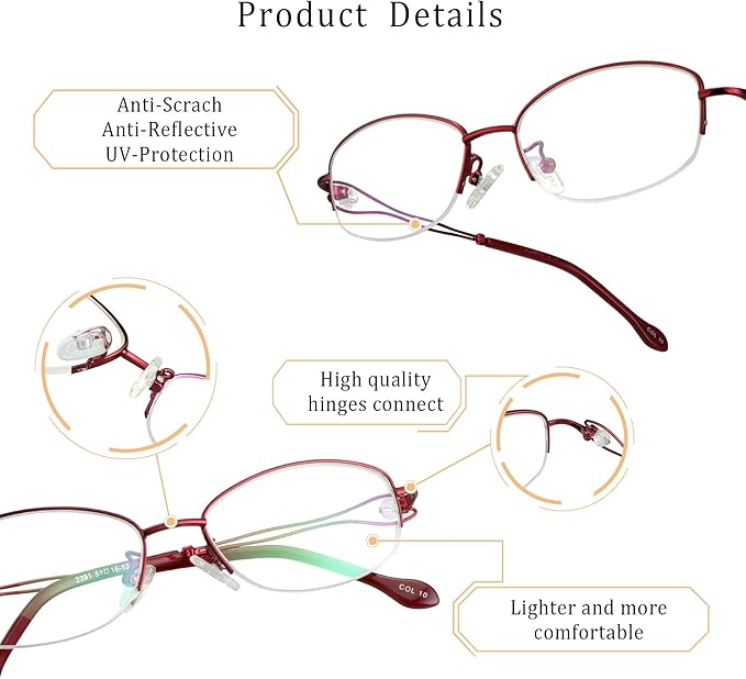 LifeArt Alloy Semi-Rimless Reading Glasses,Blue Light Blocking Glasses, Anti Eyestrain, Computer Gaming Glasses, TV Glasses for Women Men, Anti Glare (Red, +2.75 Magnification)