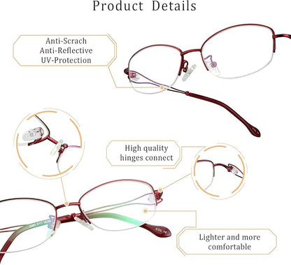 LifeArt Alloy Semi-Rimless Reading Glasses,Blue Light Blocking Glasses, Anti Eyestrain, Computer Gaming Glasses, TV Glasses for Women Men, Anti Glare (Red, +2.75 Magnification)
