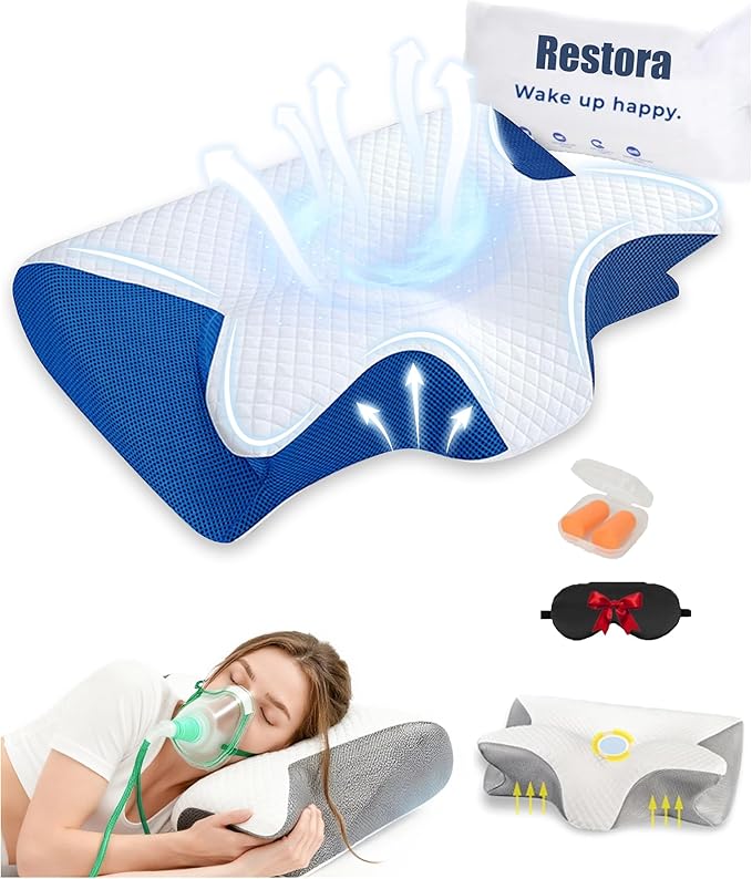 Official Pillow for Sleep Apnea, 15° Neck Elevation Design Odorless Orthopedic Cervical Neck Traction Pillows, Memory Foam Contour Pillow Snoring, Sleep Apnea Pillows for Sleeping, Hollow Design(Blue)